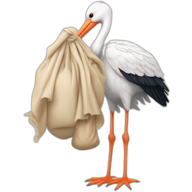  white stork carrying a bundle of cloth in its beak that has a baby human with light skin and dark hair and the baby face is peeking out from the cloths bundle the strok is carrying emoji