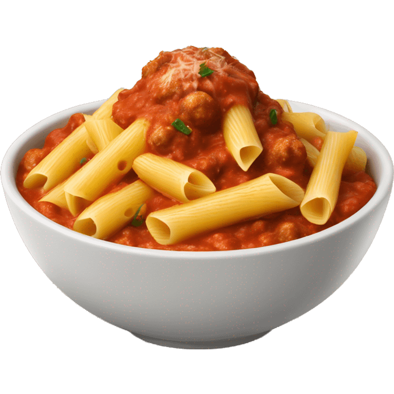 Penne with meatball sauce in a bowl and cheese o top emoji