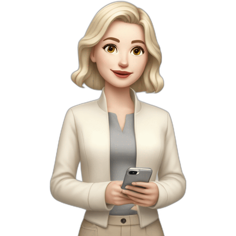 pale skin woman with ash blonde Straightened bob Hair, White Spacious classical jacket, beige palazzo Arrow pants and gray blouse holding white IPhone 15 pro in the hands emoji