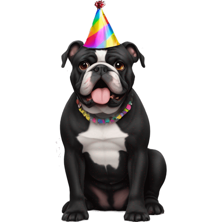 All Black bulldog with a party hat emoji