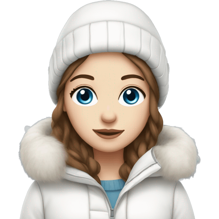 White girl with Brown hair blue eyes in white winter outfit emoji