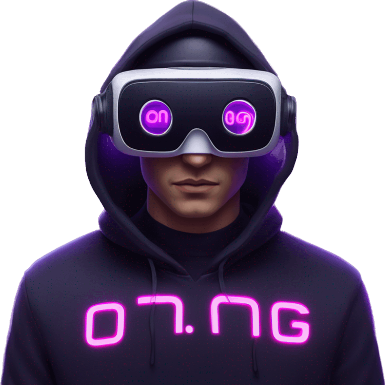 Russian man wearing a black hoodie with "OMG" letters on it and VR headset in a cyberpunk VR environment with violet neon lighting. emoji