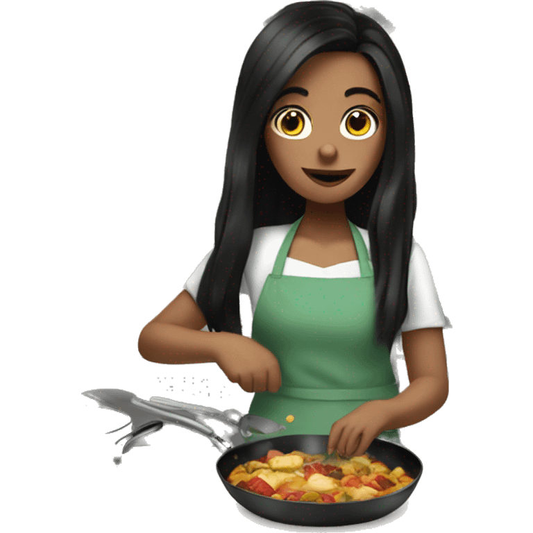 Pale girl with long black hair cooking dinner  emoji