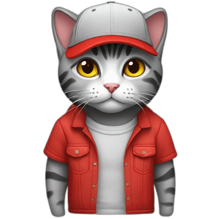 A cat standing up wearing a red and black squared shirt, and wearing a light grey Snapback cap emoji