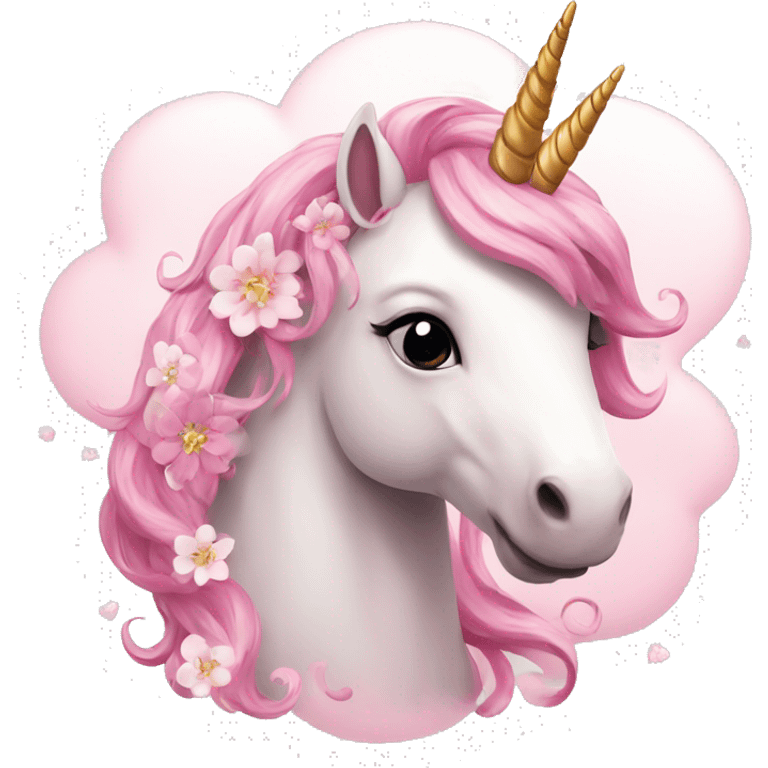 Pink unicorn with flowers on a white cloud  emoji