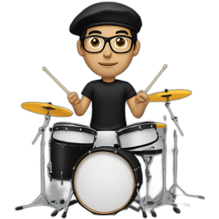 drummer, man, caucasian, black hair, wearing a black beret, glasses, and black t-shirt, play drum emoji