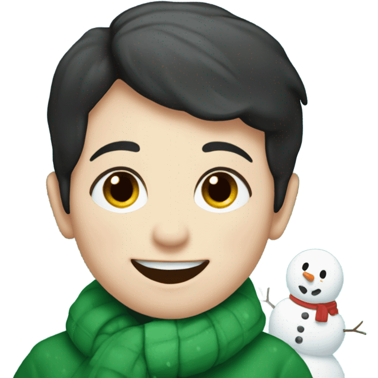 Irish dark haired baby with snowman in snowstorm emoji