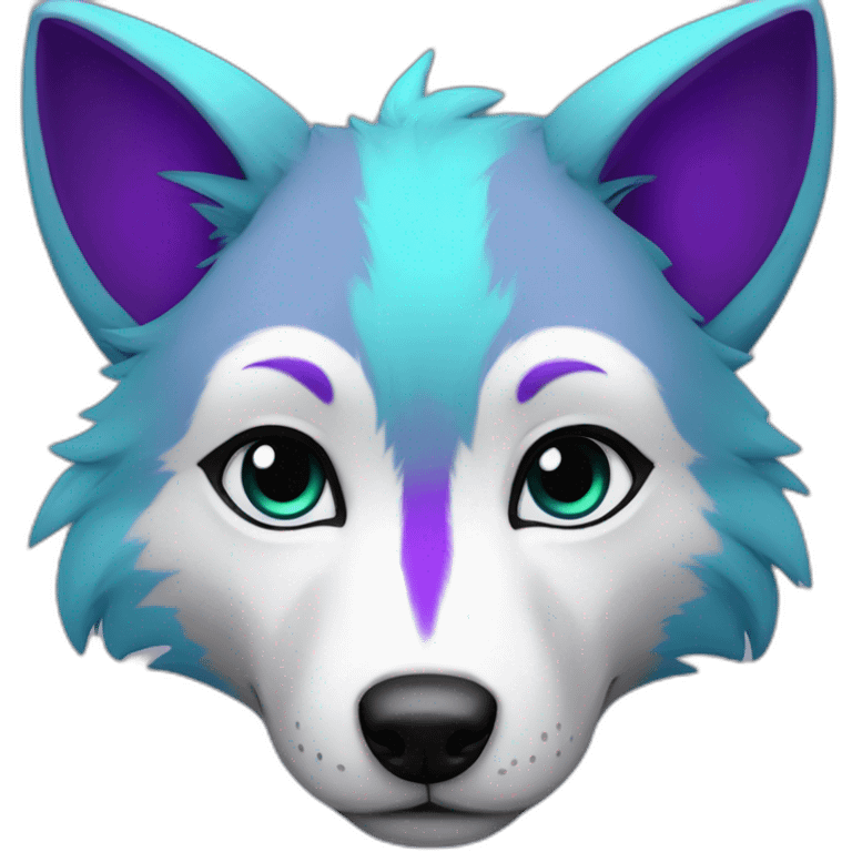 Cyan anthro wolf face with purple markings on cheeks and ears emoji