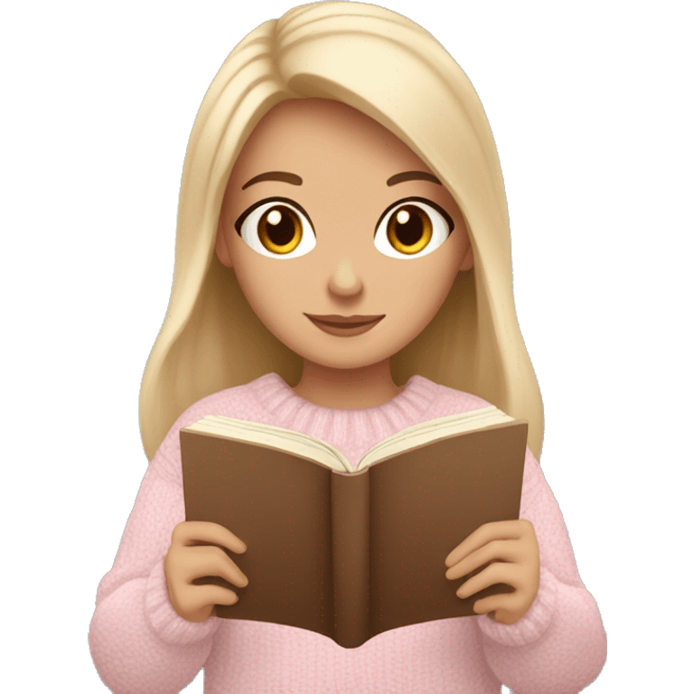 Pretty brown eyed white girl with light pink sweater reading cozy emoji