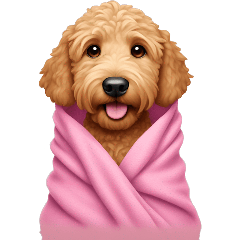 golden doodle wrapped in a pink blanket emoji