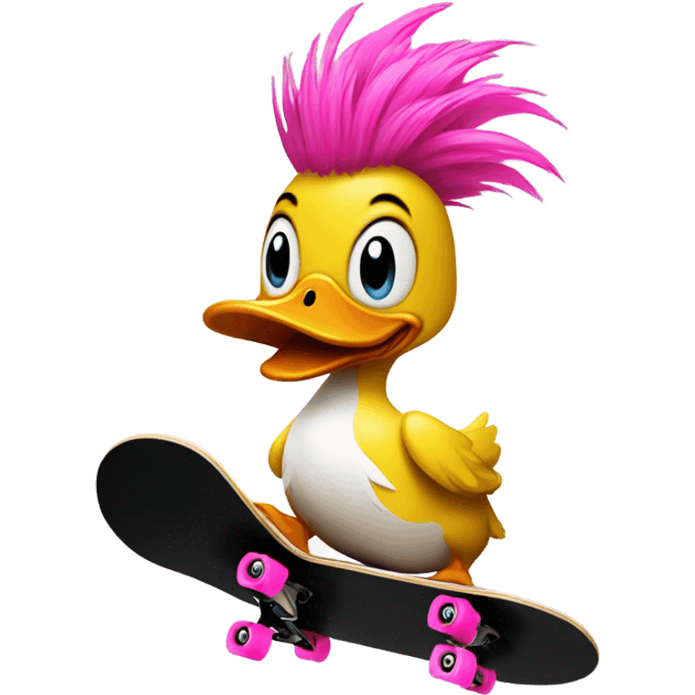 Cartoon duck with pink Mohawk on a black skateboard  emoji