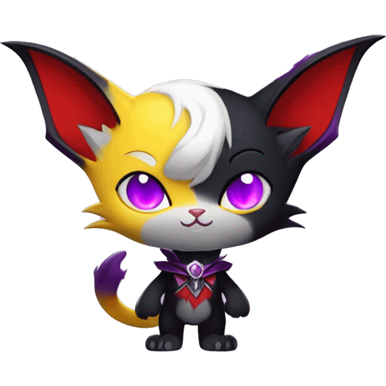 Anthro-Cute-Edgy-Cool-Vampiric-Batty-Cat-Black-Purple-Red-Grey-White-Yellow-Contrast-Colors-Fantasy-Fur-Sona-Chibi-Shiny-Fakémon-Hybrid with horns and fangs and collar full body emoji