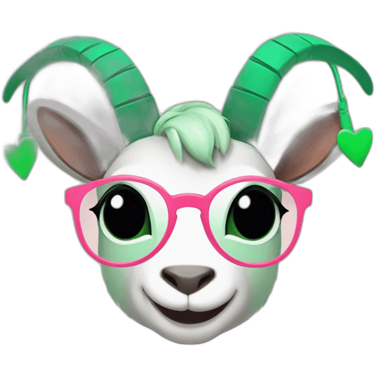 a cartoon goat with mint green round glasses and a green dress with a black heart on it and rosy cheeks, and brownish-pink horns, and some ears that hang of the side emoji