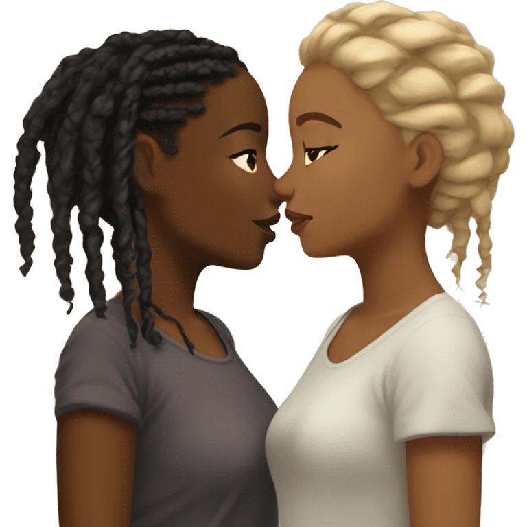 Black girl with black locs kisses brown girl with short blond hair emoji