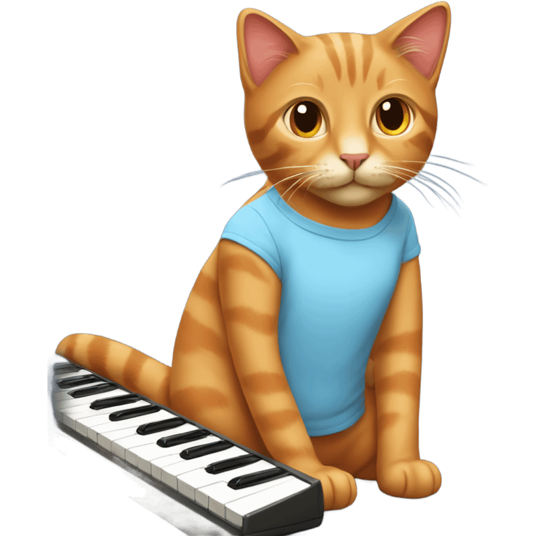 tan-red cat wearing a light-blue t-shirt taps musical keyboard emoji