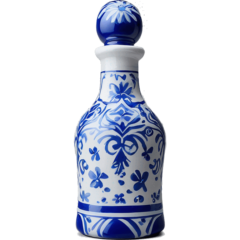 The Clase Azul Tequila bottle has a tall, hourglass-shaped ceramic body, hand-painted in white with cobalt blue floral designs. It’s topped with a distinctive gray, bell-shaped stopper that adds a final elegant touch. emoji