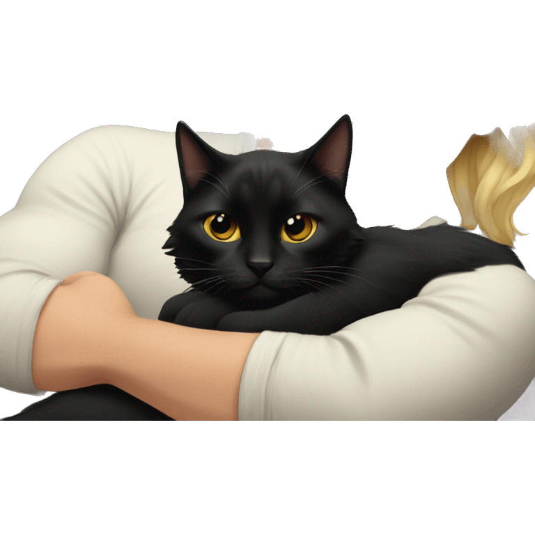 Black cat laying on man with long blonde hair and tattoos  emoji