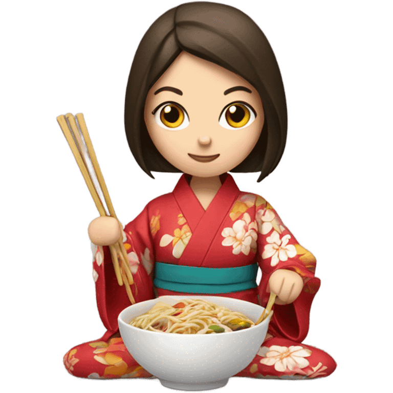 Brunette in a kimono eating noodles with chopsticks emoji