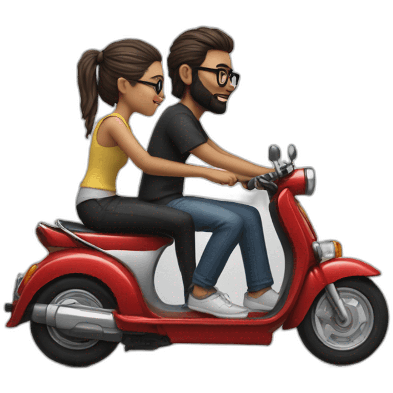 hyper realistic boy with long hair tied in a bun, beard, and glasses, riding a black scooter with a girl on the back emoji