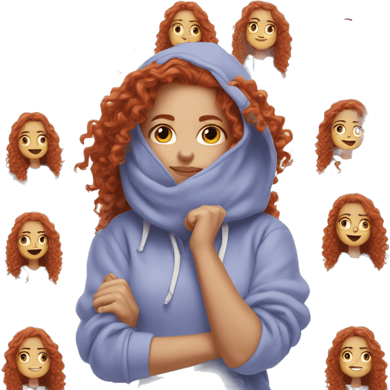 white girl with long red curly hair, wearing a pastel periwinkle hoodie doing a pose emoji