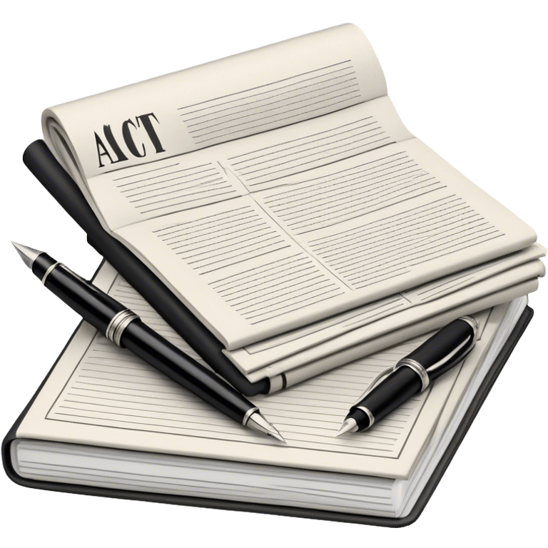 Create an emoji representing journalism and publicistic writing. The design should feature a stack of newspapers, an open notebook, and a classic fountain pen placed on top of the notebook, symbolizing the act of writing. The scene should convey a sense of professionalism and thoughtful analysis. Use a neutral and professional color palette, with black, white, and muted tones. Do not include any emojis or smiley faces. Make the background transparent. emoji