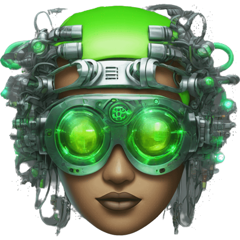 Neon green bobbed hair Latina female cyborg head with silver steampunk goggles and circuits emoji