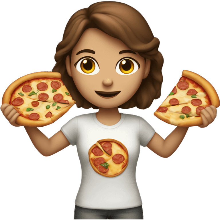 Brown haired girl holding a slice of pizza emoji