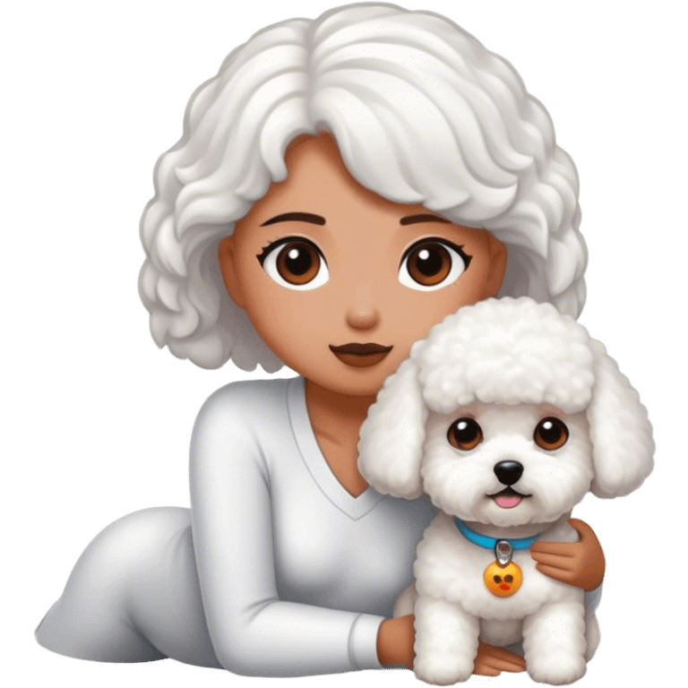 Bichon frise next to a tanned girl emoji