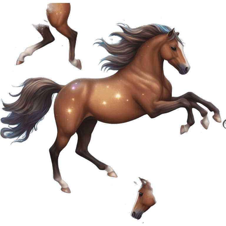 Ethereal glittering iridescent rich chestnut brown brindle blue mane horse galloping through constellations and nebulas, unicorn Pegasus emoji