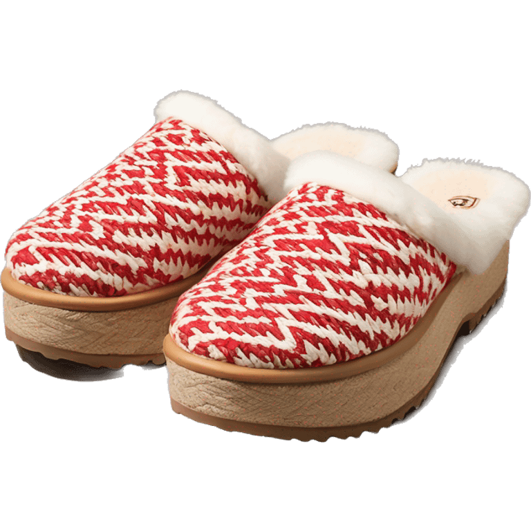 Camel color chunky platform slip-on mule UGG slippers. thin red and white woven zig-zag trim line detail on the opening emoji