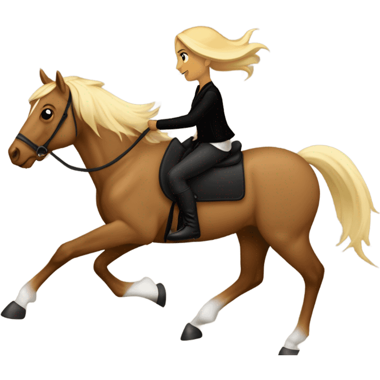  A Palomino horse running with a black sequin rug on his back and a brown rider girl on his back without a helmet dressed in black pants and a vest  emoji