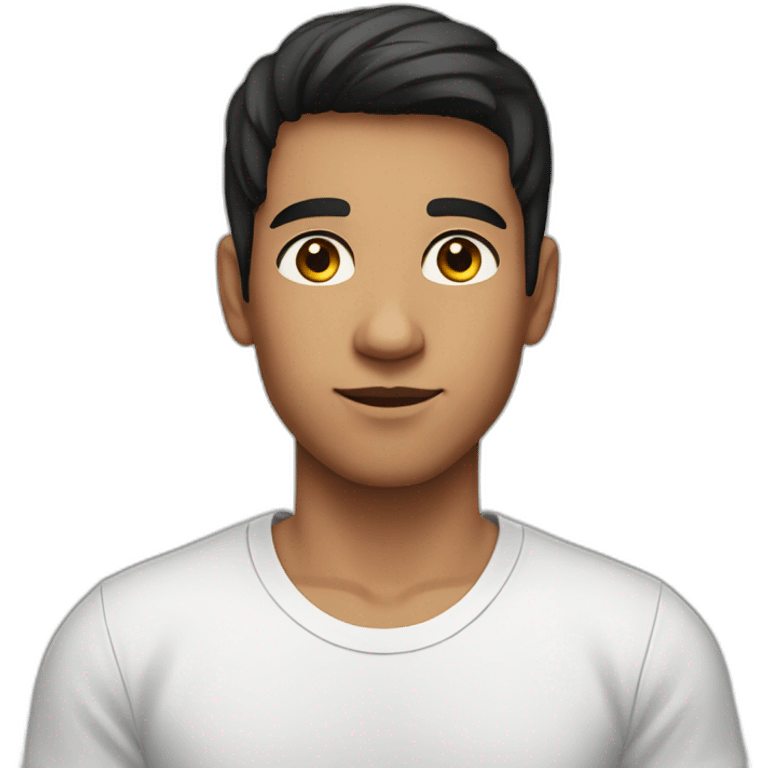 a young man, shorter black-brown hair and dark brown eyes wearing a white t-shirt emoji