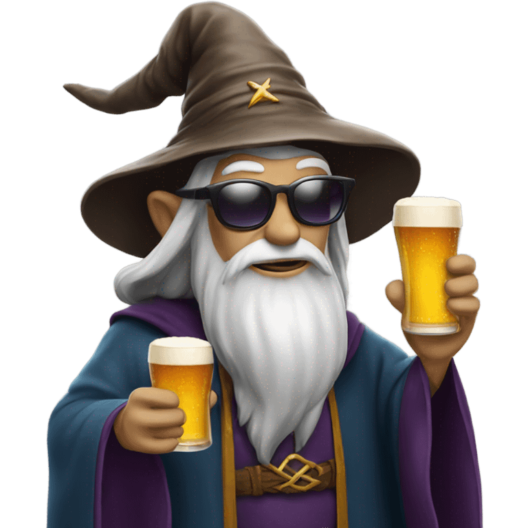 Wizard drinking a beer and wearing sunglasses emoji