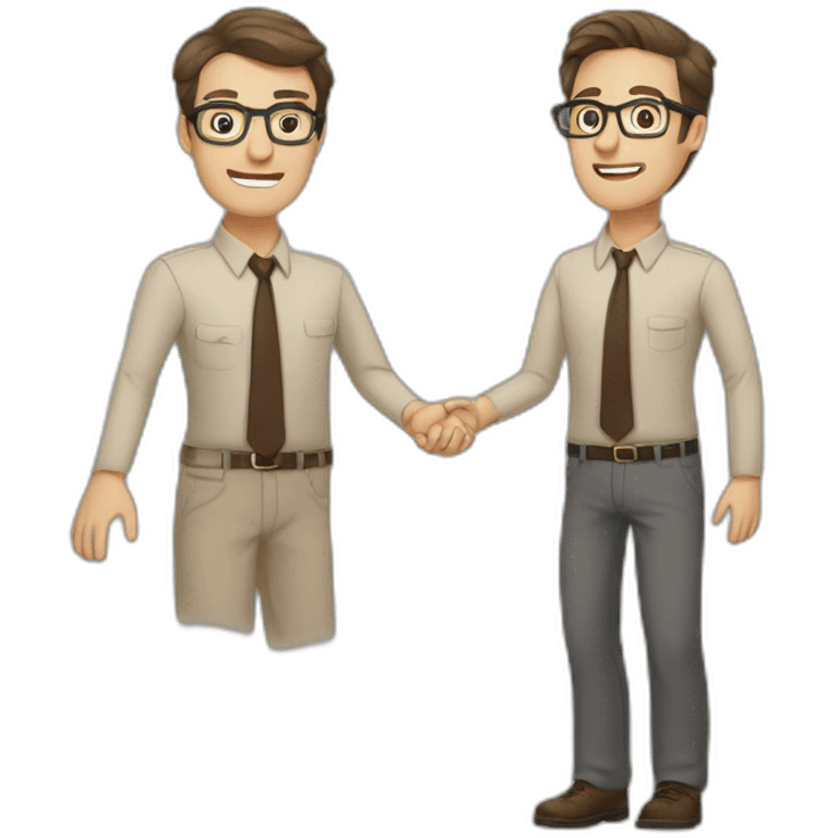 To belt Actively gesturing with hands Pale skinned fit man with dark brown hair in gray jacket, beige office shirt, brown tie, brown pants and vintage glasses. emoji