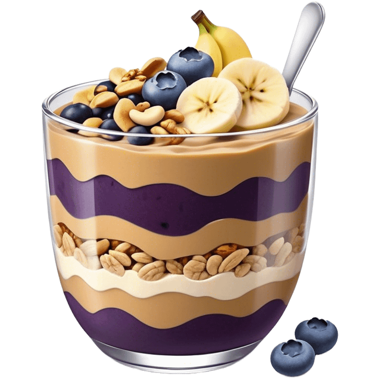 Açai bowl in a clear cup with layers of peanut butter, cashew nuts, granola, condensed milk and banana sliced and blueberrys on top emoji