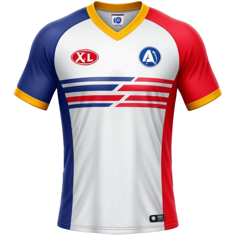 Cinematic Realistic image of an AFL jersey rendered in vibrant team colors with detailed fabric textures and dynamic creases, illuminated by bold, stadium lighting that accentuates its sporty character emoji