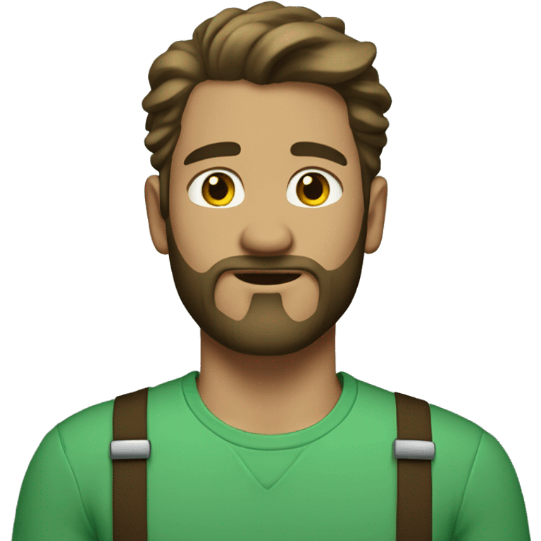 man with light skin and brown long hair and beard in green shirt and suspenders emoji