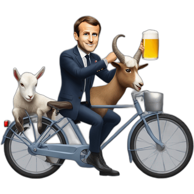 Emmanuel Macron drink a beer on a bike with a goat emoji