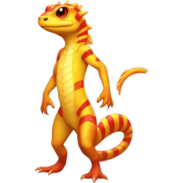 A Yellow Shiny Anthro-Scalie-Lizard-Reptile-Salamander-Fakémon with red stripes and orange frills Full Body emoji