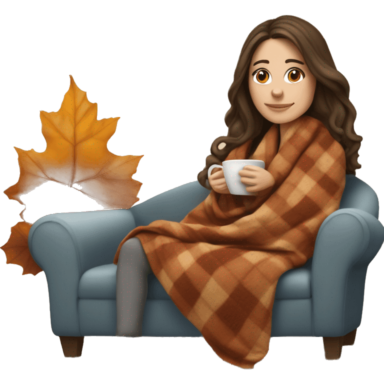 Brunette white girl covered in blanket autumn vibe sitting on a cozy chair holding coffee emoji