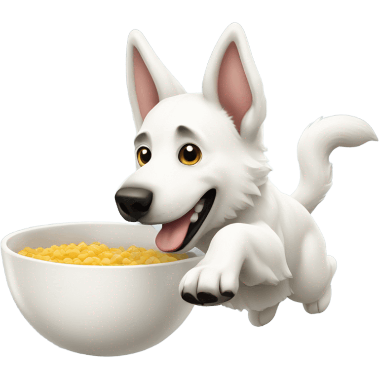 White German Shepherd chasing a bowl emoji