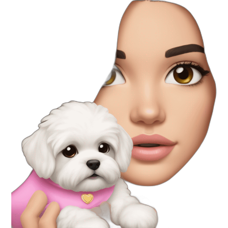 brunette Kendall Jenner with long hair holding on the hands white maltipoo wearing pink collar emoji