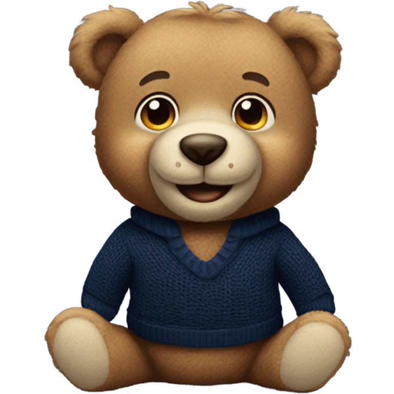 Handsome happy teddy bear wearing a nave blue sweater at a hockey game emoji