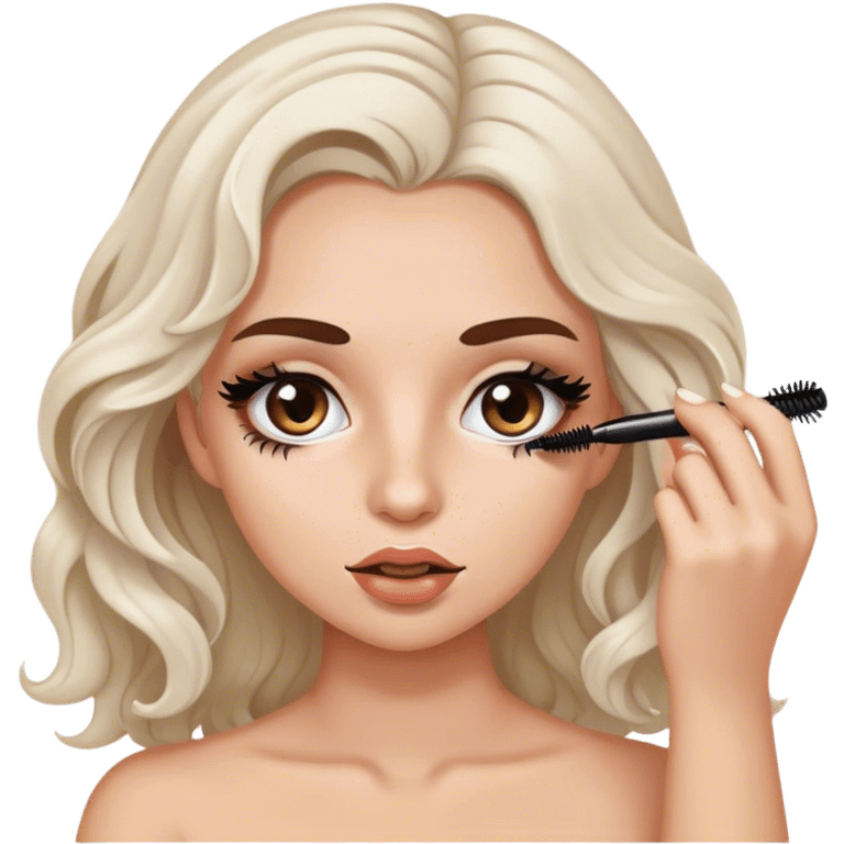 Create a girl with white skin that’s slightly very slightly tan white brown wavy hair putting on mascara  emoji