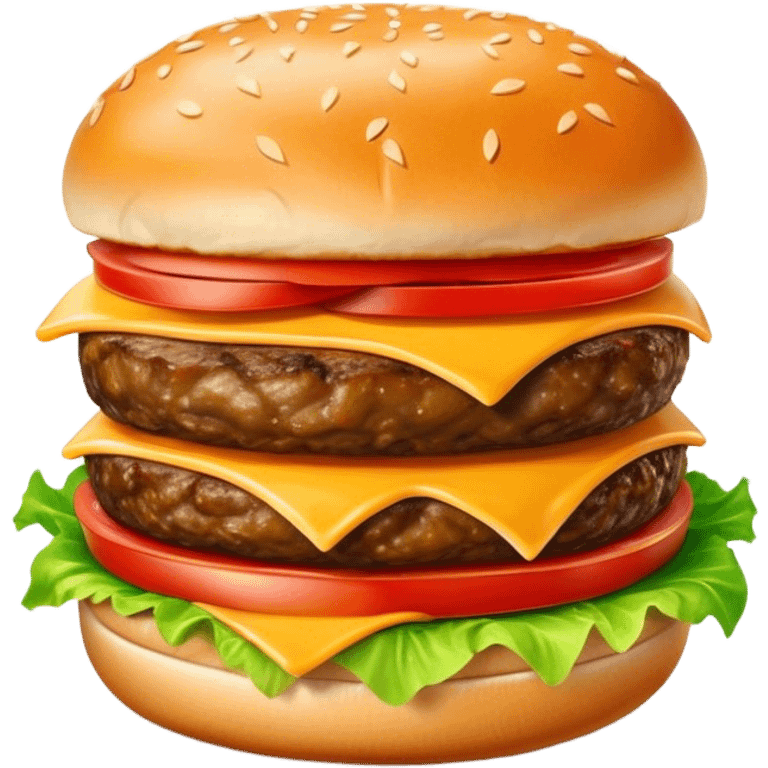 Cinematic juicy cheeseburger, perfectly grilled patty, melted cheese, crisp lettuce, tomatoes, and pickles, soft sesame seed bun, glossy and rich, warm glowing background, ultra-detailed and appetizing. emoji