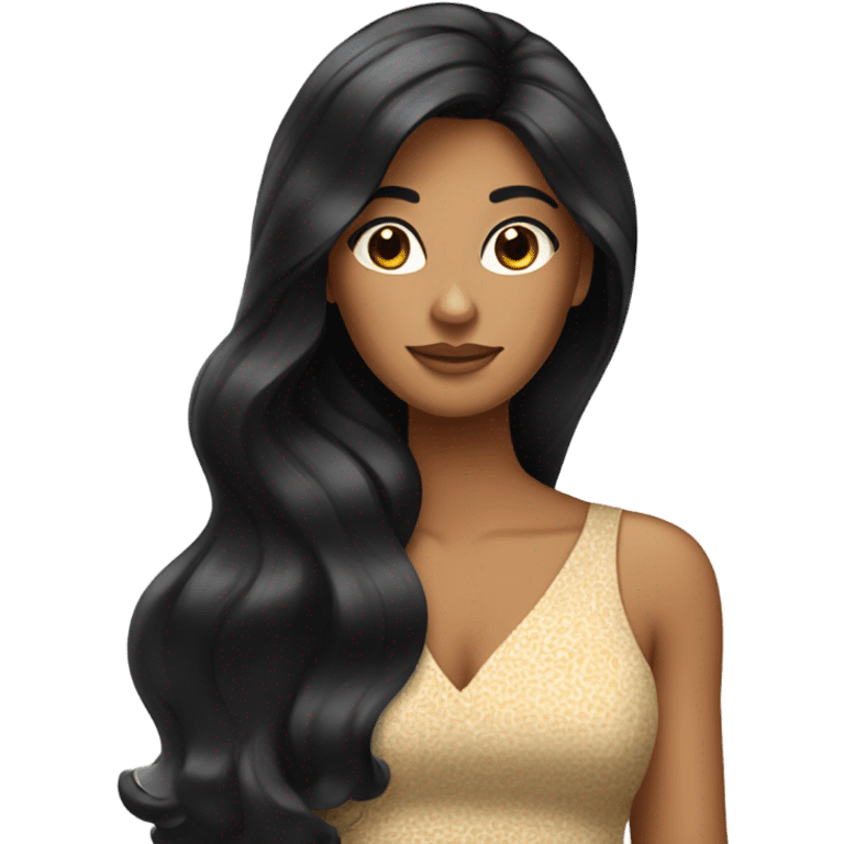 Tanned woman with long black hair wearing 1970s style dress and hair emoji