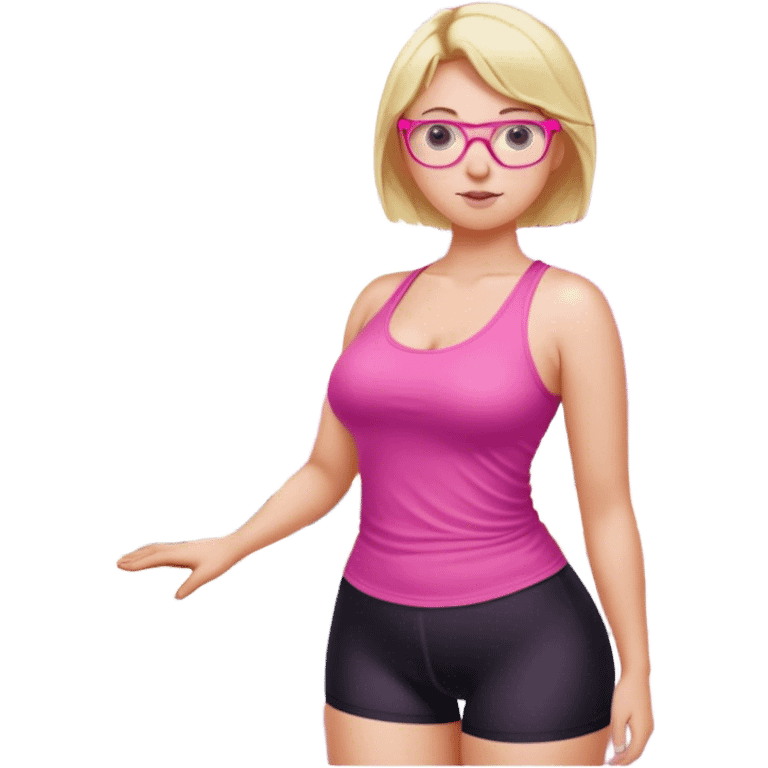 Intimate, Curvy fair and freckled skinned woman, short blond hair, small light purple reading glasses, washing dishes, short flowing sheer hot pink tank top, without undergarments SFW, black yoga pants, thick booty emoji