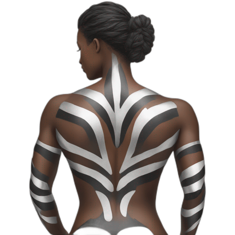 Hyper-realistic metal fitness model in striped body paint from behind emoji