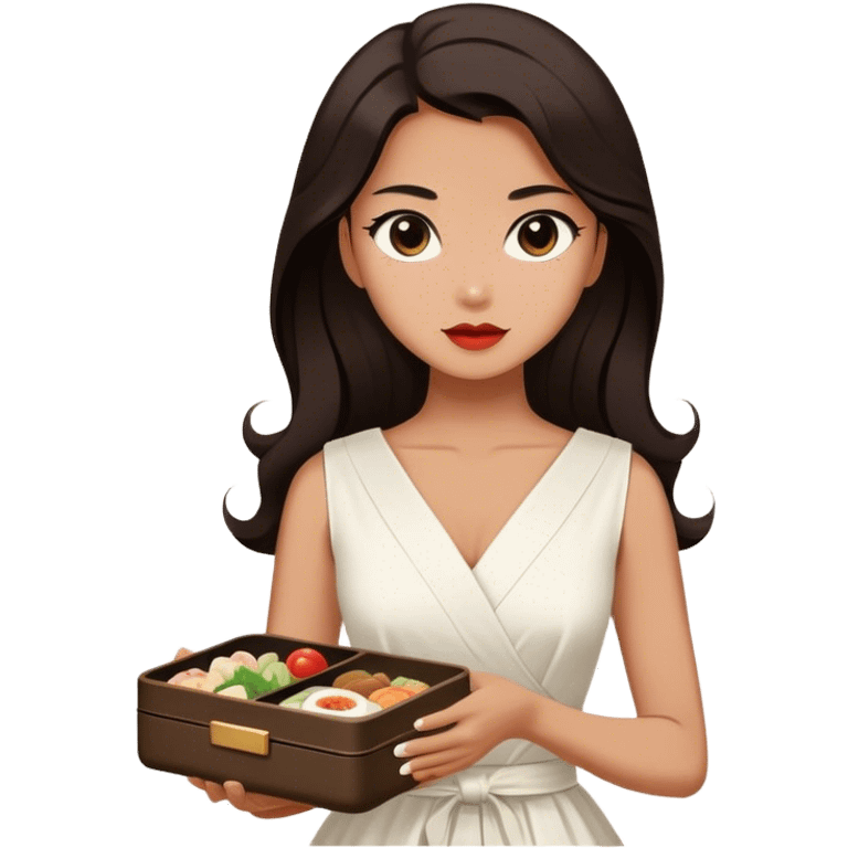 Beautiful woman in 1950’s woman fashion look, white dress, long dark brown hair, Japanese bento emoji