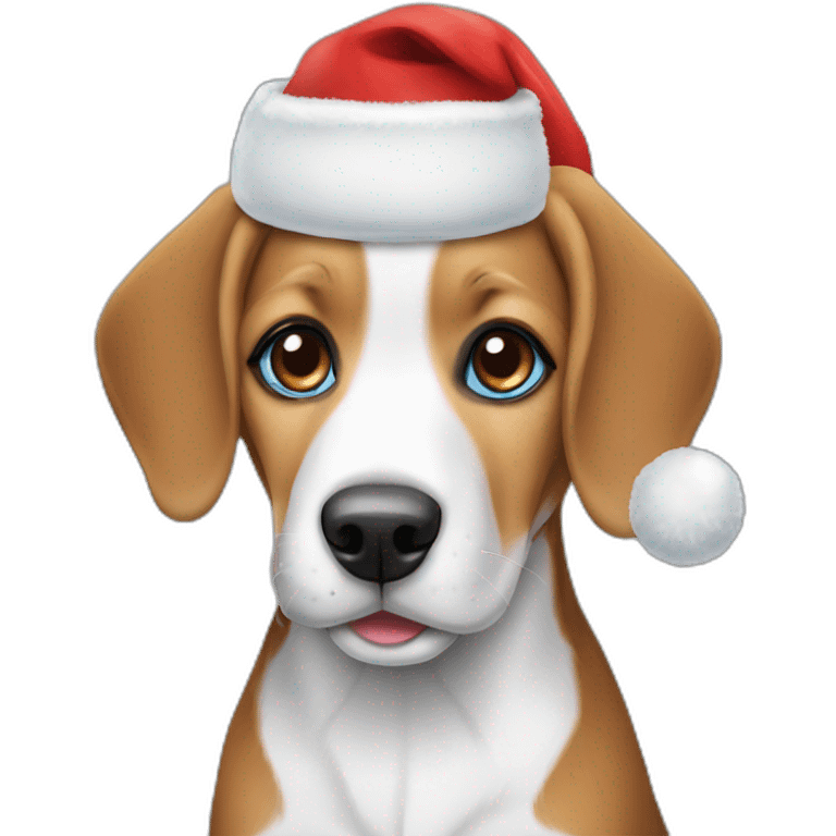 A cute beagle with very bright blue eyes wearing a santa hat emoji